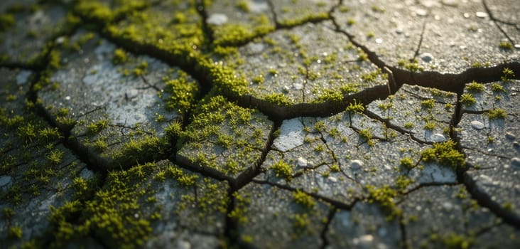 Dry cracked ground with green moss. Global warming concept. Close up