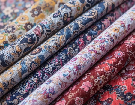 Close-up of colorful floral fabric rolls, showing intricate textile patterns and designs