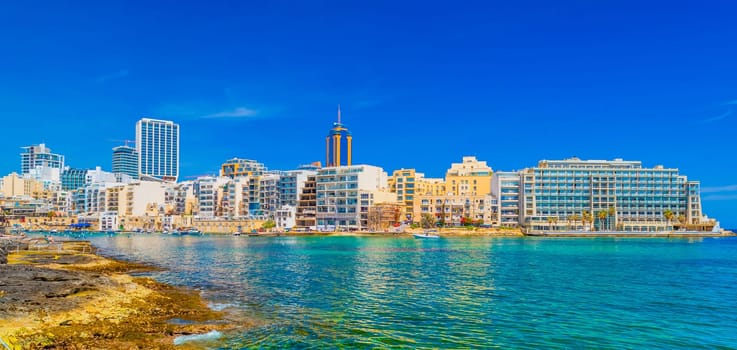 Cityscape of St Julian's Bay and skyscrapers in Paceville district, Malta.