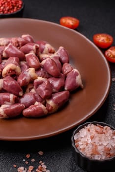 Chicken raw heart, red duck or turkey internal organs as an ingredient for dinner preparation