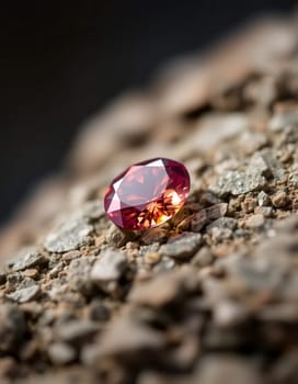 Close-up of a red gemstone on a rough, earthy surface