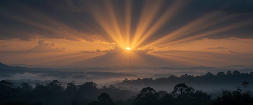 Golden Sunset Over a Misty Forest