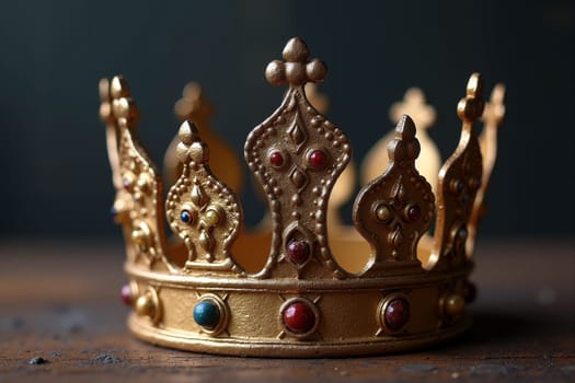 This elaborate gold crown features intricate designs and colorful jewels, resting elegantly on a rustic wooden surface, highlighting its royal appeal. Generative AI.