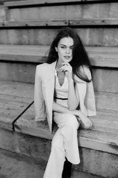 Black and white photo of confident woman in white business suit sitting on outdoor stairs, thoughtful and elegant look, stylish fashion portrait capturing business and sophistication