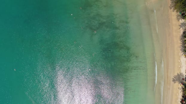 Aerial view of crystal clear turquoise water gently lapping against a pristine sandy beach, dotted with palm trees, creating a serene tropical paradise