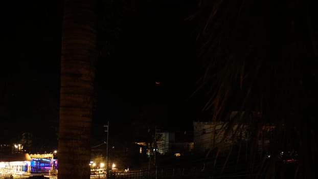 Red moon rising over a vibrant tropical city at night, framed by swaying palm trees, illuminating buildings, and a lively funfair, creating a magical and festive atmosphere