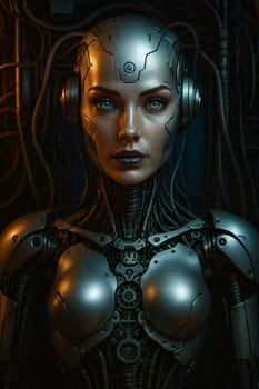 Immerse yourself in a stunning dark sci-fi aesthetic with this highly detailed portrait of a futuristic female cyborg. Featuring chrome armor, intricate biomechanical components, and piercing synthetic eyes, the image captures the essence of cyberpunk and artificial intelligence.