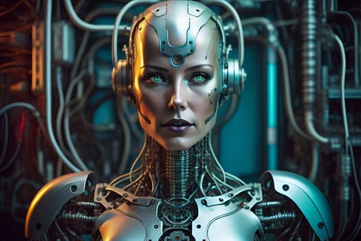 this captivating image showcases a futuristic cyborg woman, her metallic features and intricate wiring suggesting advanced artificial intelligence. the portrait highlights her intense gaze and the fusion of human and machine elements, creating a compelling and thought-provoking visual. ideal for science fiction, technology, and future concepts.
