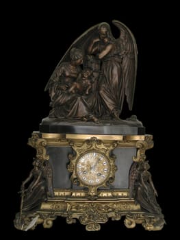This elegant antique bronze mantel clock by Honore Pons, crafted between 1840-50, showcases intricate sculptures and luxurious gold accents. Perfect for vintage decor enthusiasts, its classic design adds timeless sophistication to any space.
