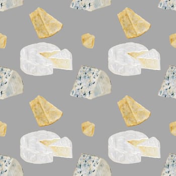 Cheese watercolor pattern. Hand drawn illustration brie, dor blue, parmesan. Clip art of food on white background. Ideal for packaging of farm organic product or restaurant menu design. High quality illustration