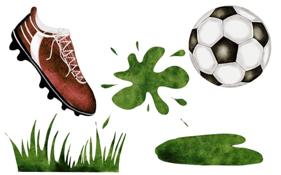 Soccer ball, grass, boot watercolor set. Hand drawn sports equipment on white background. Clip art football. Ideal for posters and game tickets. High quality illustration