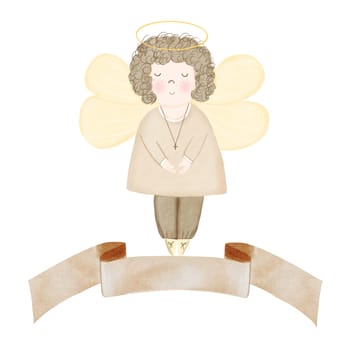 Baby baptism watercolor card. Illustrations angel on isolated white background. Cute clipart for design of christening and birth cards and banners. High quality photo