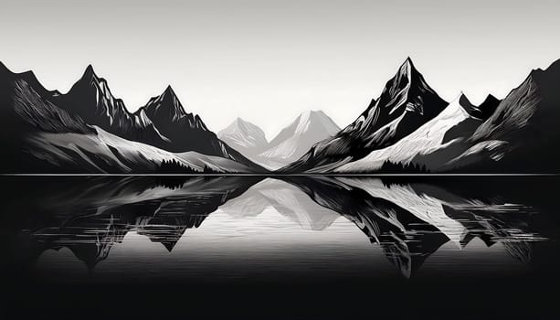 A breathtaking monochrome scene showcasing the stillness of a calm lake mirroring snow-capped mountains, evoking a sense of peace and natural beauty.