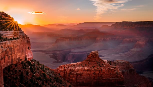 Experience the serene beauty of the Grand Canyon at dawn. The sun's golden rays paint the rugged landscape with warm hues, creating a breathtaking panorama.