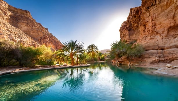 A tranquil oasis with clear blue waters surrounded by lush palms and towering rock formations, a picturesque desert haven.