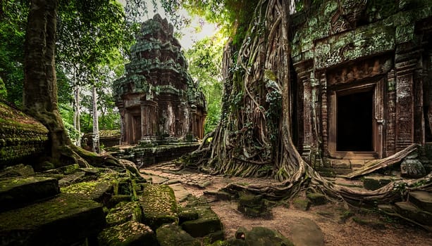 Immerse yourself in the mystical allure of an ancient temple, where nature’s embrace reveals a forgotten world of stone and greenery.
