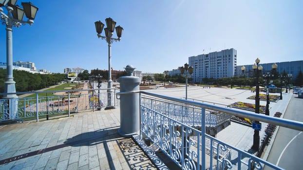 Khabarovsk, Russia - August 12, 2021: Beautiful architecture of the main streets of the city