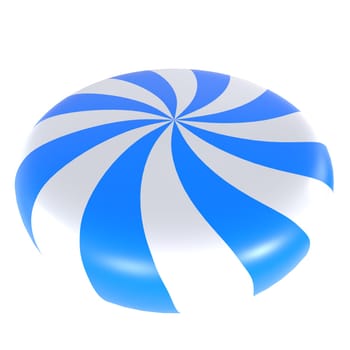 Round candy with blue and white spirals on a white background.