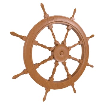 A classic wooden ship wheel with intricate detailing is displayed prominently.