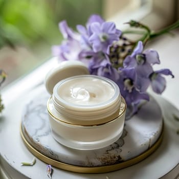 Cosmetic cream in a glass jar. Skin care concept. Background for beauty products