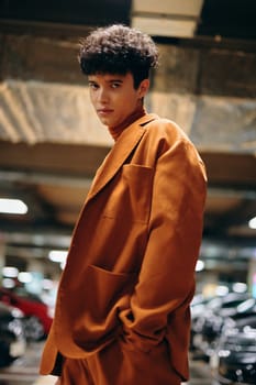 A young man poses confidently in a stylish oversized brown suit, set against a modern garage backdrop with blurred cars