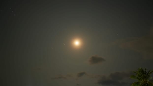 Bright full moon illuminating the night sky, surrounded by countless stars and wispy clouds, creates a tranquil and magical atmosphere, inviting peaceful contemplation and wonder