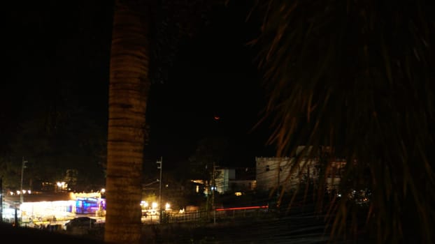 Red moon rising over a vibrant tropical city at night, framed by swaying palm trees, illuminating buildings, and a lively funfair, creating a magical and festive atmosphere