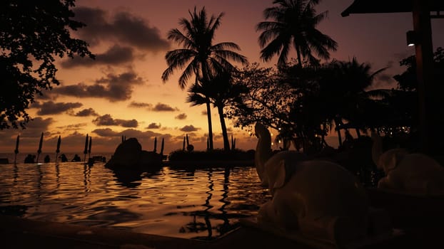 Tourists are enjoying a swim in a luxurious infinity pool adorned with elephant statues as the sun sets over the ocean, creating a tranquil and exotic atmosphere