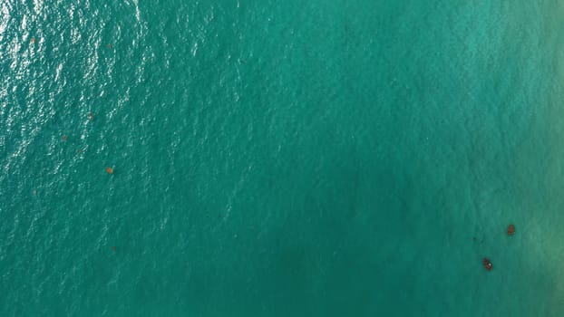 Aerial view capturing a tranquil turquoise water surface, reflecting sunlight and showcasing floating algae that create a stunning natural pattern in a serene ocean setting