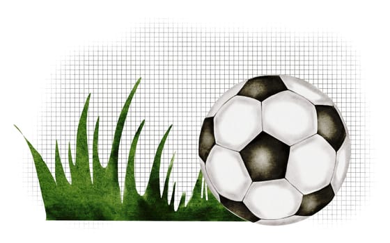 Football watercolor. Soccer ball and grass on a white background. Ideal for children's and sports equipment, packaging.