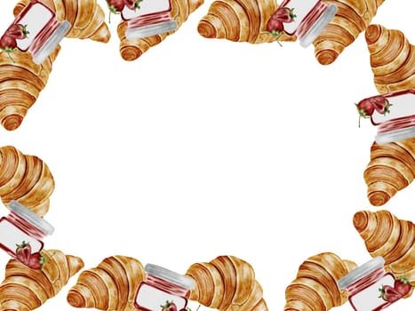 Croissant watercolor frame. Hand drawn illustration fresh french bun with strawberry jam. Food clip art. Ideal for bakery prints, postcards and pastry shop posters. High quality illustration