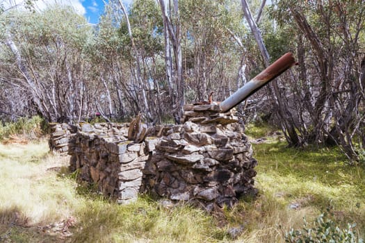 Hut remains on Boundary Hut Trail near Lake Mountain on a clear summer's day, near Marysville, Victoria, Australia