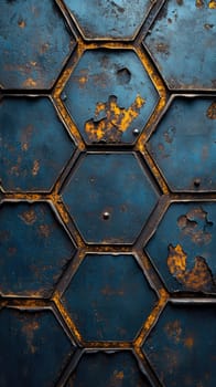 This artwork features a rugged hexagonal design overlaying a grunge metal texture. The contrast highlights weathered details, conveying a strong industrial aesthetic.