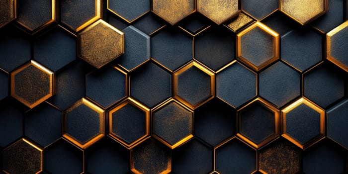 A background featuring a sophisticated hexagonal pattern rendered in golden metallic tones.