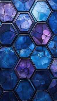 This design showcases an intricate hexagonal pattern filled with colorful watercolor textures in shades of blue and purple.
