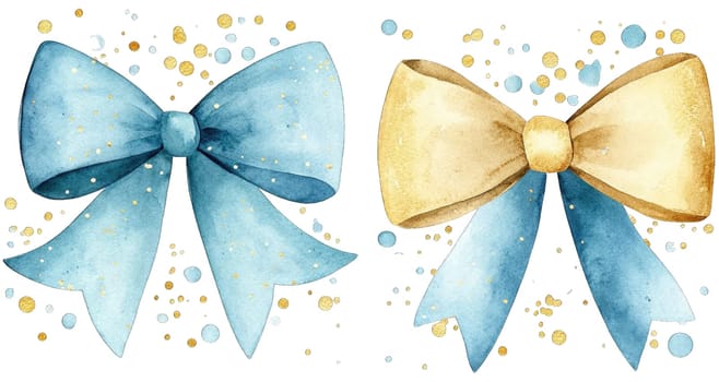 This artwork showcases a set of watercolor bows in soft pastel blue and shimmering gold.