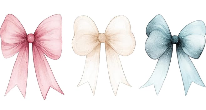 This collection features three beautifully designed bows in soft colors, perfect for gift wrapping, craft projects, and other decorative features.