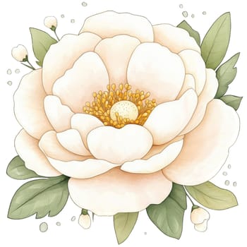A lush peony flower showcases soft white petals with subtle pink hues and vibrant golden stamens. Green leaves enhance the beauty of this botanical illustration, creating a serene and elegant design.