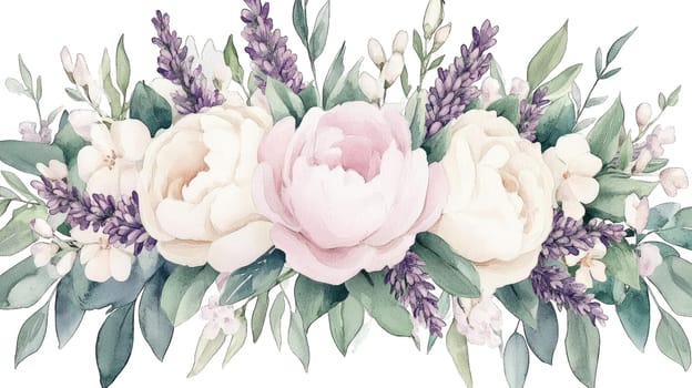 A vibrant arrangement of flowers showcases soft pink peonies mingling with purple lavender and lush greenery.