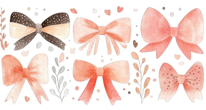 A collection of decorative bows displayed in soft colors, including pink and brown, surrounded by delicate floral elements and hearts, ideal for craft projects and design inspirations.