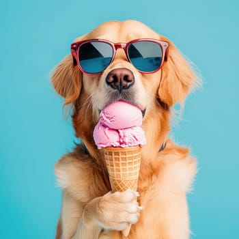 A golden retriever with sunglasses holds a cone of pink ice cream, posing with a serious expression. The dog looks directly at the camera against a minimalist blue backdrop, creating a playful vibe.