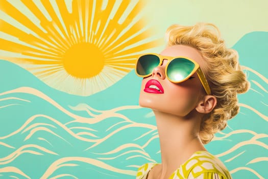 A glamorous blonde tilts her head back slightly, showcasing reflective sunglasses as bright summer sunlight illuminates her. The background features muted retro hues and stylized ocean waves.