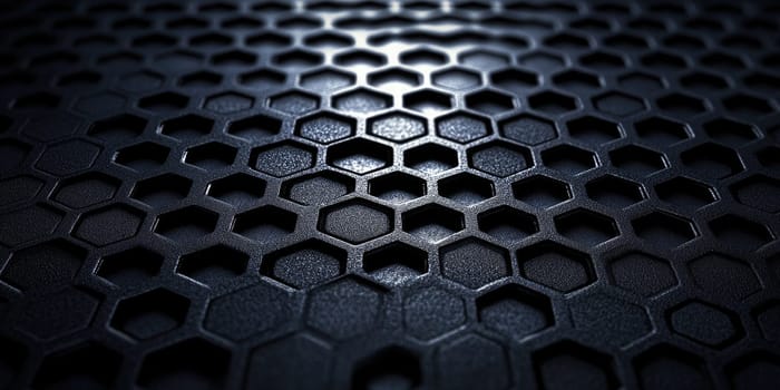 This abstract background features an intricate hexagonal pattern on a sleek black matte surface. The ultra-detailed texture and soft shadows create a minimalistic and professional appearance.