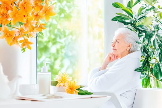 An elderly woman rests her chin on her hand, gazing out a window in a serene spa environment. Dressed in a soft white bathrobe, she appears calm amidst the lush greenery and floral accents.