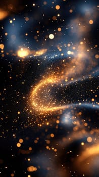 This abstract background showcases a blend of soft lines and scattered golden dust particles, creating an elegant and luxurious aesthetic. The dark backdrop enhances the sophisticated details.