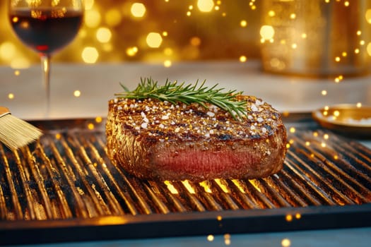 A beautifully seared steak rests on a hot grill, topped with rosemary and glistening herb butter. Nearby, a brush, sea salt, and a glass of red wine enhance the inviting dining experience.