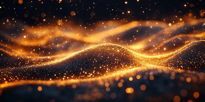 An abstract background features scattered golden dust particles gracefully swirling across a dark surface. The luxurious details and smooth lines create a refined, minimalistic aesthetic.