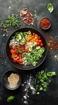 Colorful ingredients fly through the air in a dynamic overhead shot of plant-based bowls being prepared. The vibrant scene captures the energy and movement of a creative culinary process.