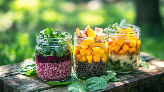 Savor colorful grab-and-go salad jars featuring layers of quinoa, spinach, mango, and beetroot, arranged on a rustic wooden surface amidst a serene picnic backdrop of blurred greenery.