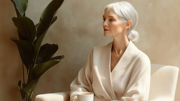 A senior silver-haired woman enjoys a cup of herbal tea in a softly lit lounge area. Surrounded by minimal furniture and a large indoor plant, she embodies tranquility and elegance.
